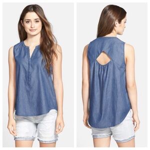 Lucky Brand Summit Blue Chambray Denim Cotton Blend Cut Out Tank Top Size Large